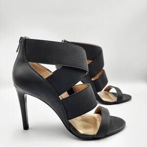 Y2K BCBG Farleena Black Leather Strappy Heels Eastic Straps Heels Women's Sz 8.5